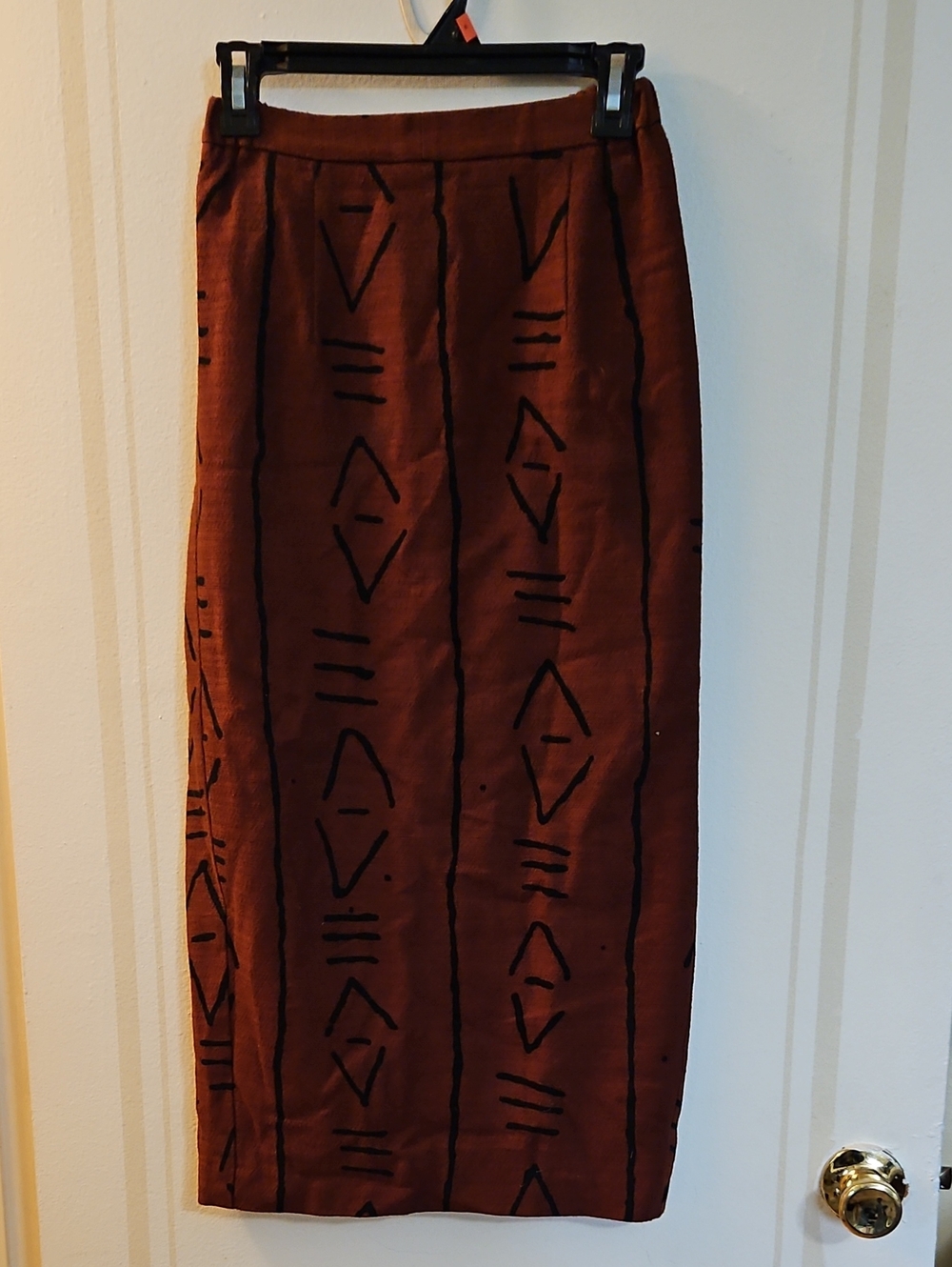 Rust & Brown Tribal Patterned AZIZ Pencil Skirt, Size Small